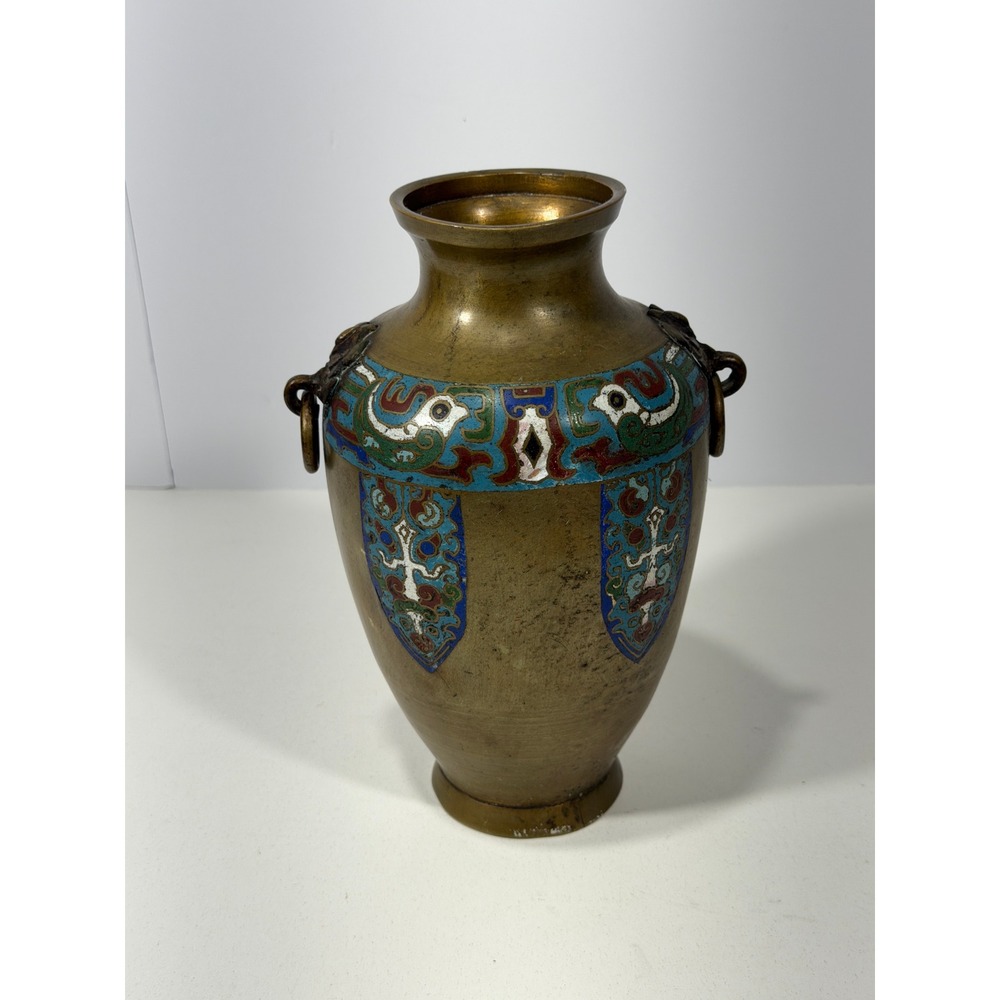 Vintage chinese Bronze champleve Enamel vase w mythical beast twin handles